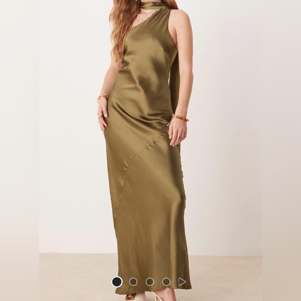 Pretty Lavish Satin Scarf Neck Maxi Dress Deep Olive US Size 6